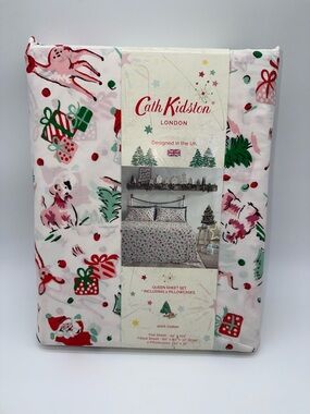 NWT Cath Kidston London Queen Sheet Set 4pc 100% Cotton Ditsy Deer Christmas